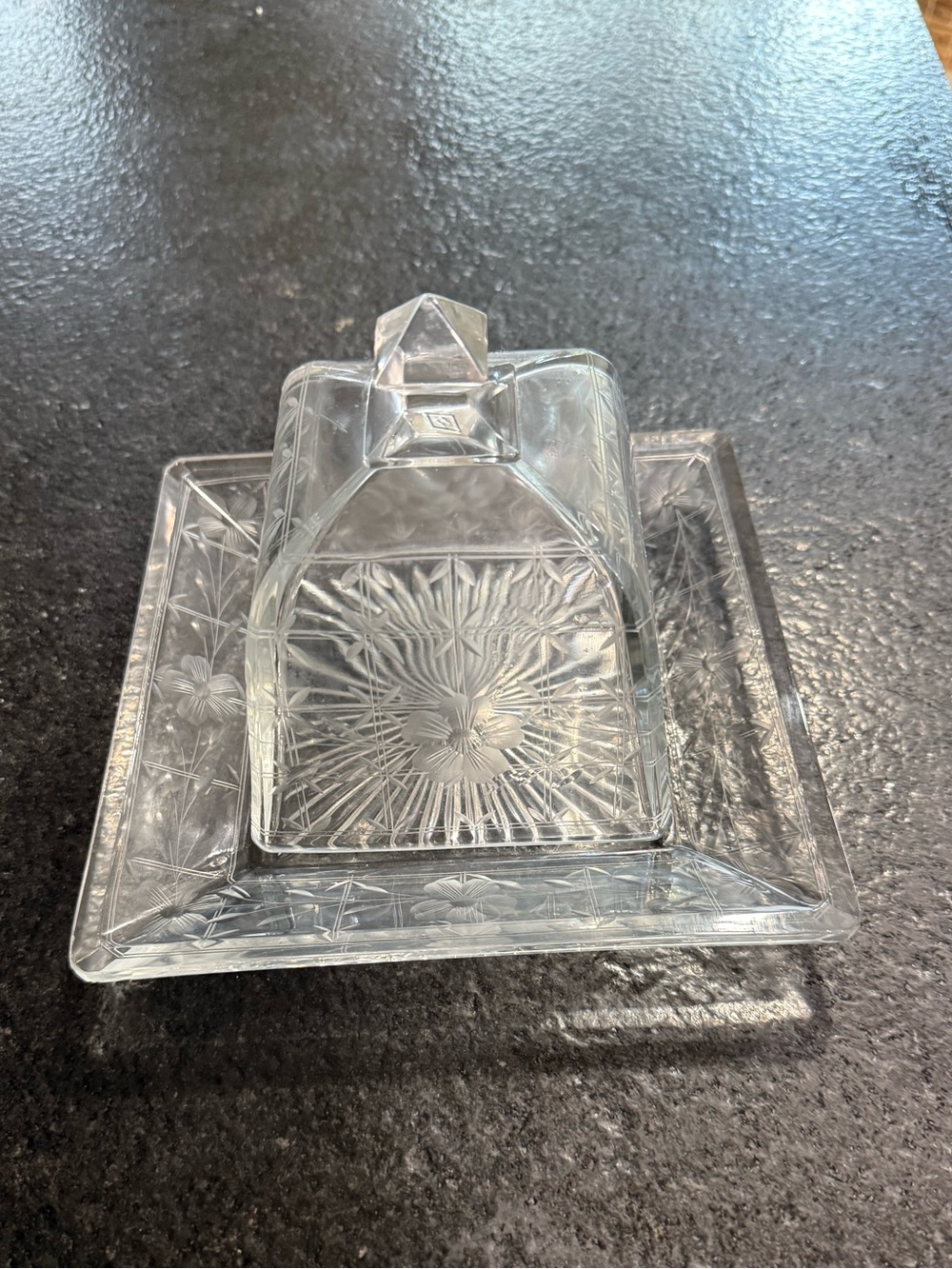 Vintage Etched Crystal Butter Dish / Cheese Server with Lid